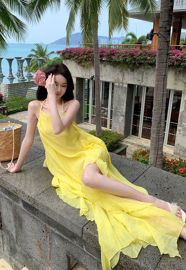 Elegant A-Line Backless Yellow Maxi Dress Retro Asymmetric Neckline Ruffles Slit Tulle Halter Long Dress AP3522