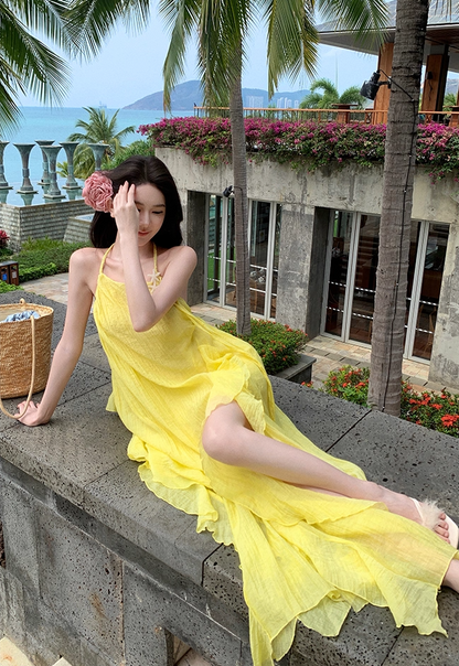 Elegant A-Line Backless Yellow Maxi Dress Retro Asymmetric Neckline Ruffles Slit Tulle Halter Long Dress AP3522