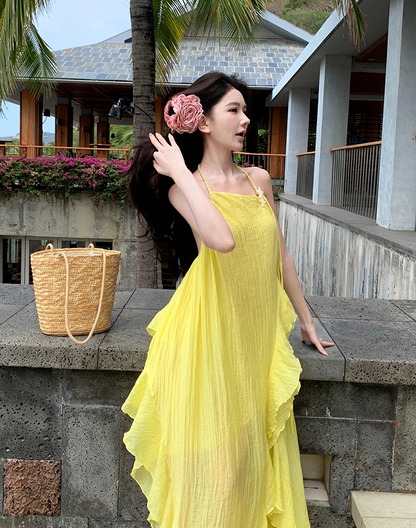Elegant A-Line Backless Yellow Maxi Dress Retro Asymmetric Neckline Ruffles Slit Tulle Halter Long Dress AP3522