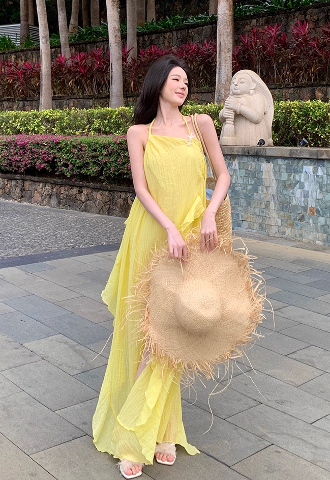 Elegant A-Line Backless Yellow Maxi Dress Retro Asymmetric Neckline Ruffles Slit Tulle Halter Long Dress AP3522