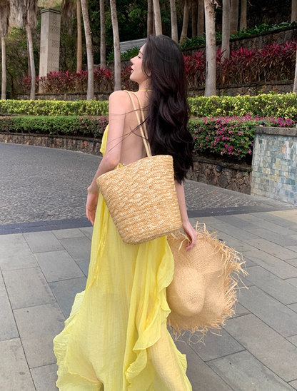 Elegant A-Line Backless Yellow Maxi Dress Retro Asymmetric Neckline Ruffles Slit Tulle Halter Long Dress AP3522