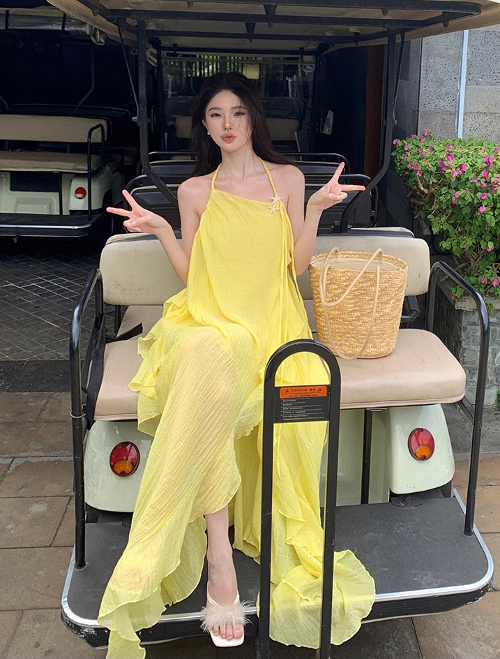 Elegant A-Line Backless Yellow Maxi Dress Retro Asymmetric Neckline Ruffles Slit Tulle Halter Long Dress AP3522