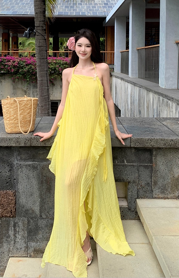 Elegant A-Line Backless Yellow Maxi Dress Retro Asymmetric Neckline Ruffles Slit Tulle Halter Long Dress AP3522