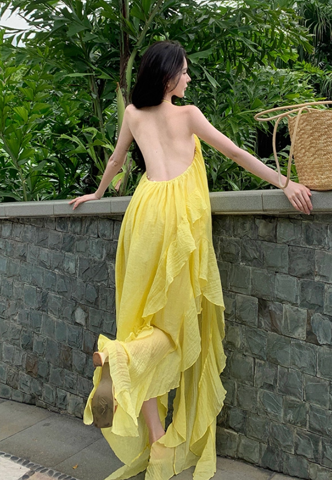 Elegant A-Line Backless Yellow Maxi Dress Retro Asymmetric Neckline Ruffles Slit Tulle Halter Long Dress AP3522