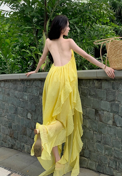 Elegant A-Line Backless Yellow Maxi Dress Retro Asymmetric Neckline Ruffles Slit Tulle Halter Long Dress AP3522