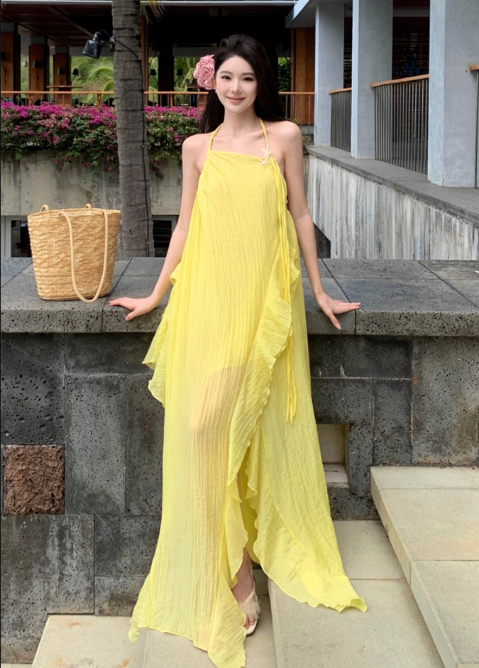 Elegant A-Line Backless Yellow Maxi Dress Retro Asymmetric Neckline Ruffles Slit Tulle Halter Long Dress AP3522