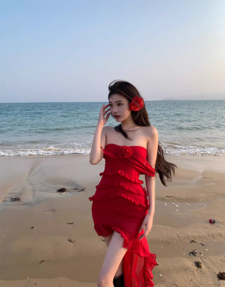 Graceful Strapless Ruffles Hi-Lo Hem Red Maxi Dresses Charming 3D Floral Accent Sheath Long Dress AP3523