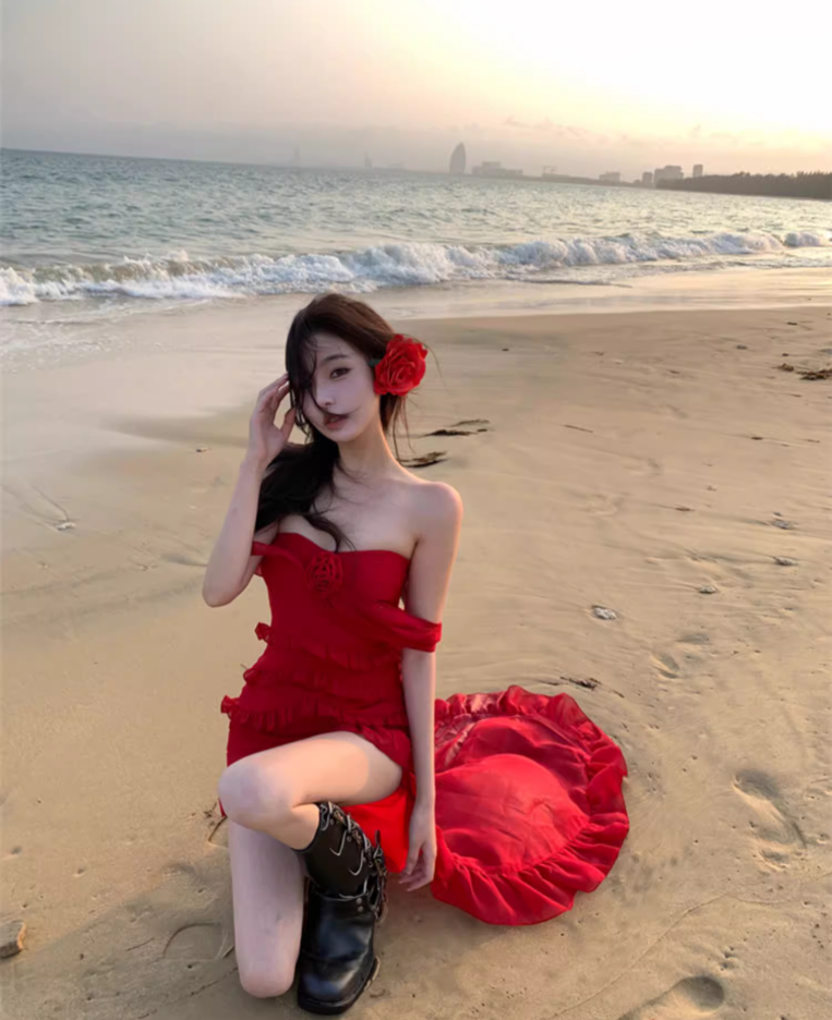 Graceful Strapless Ruffles Hi-Lo Hem Red Maxi Dresses Charming 3D Floral Accent Sheath Long Dress AP3523