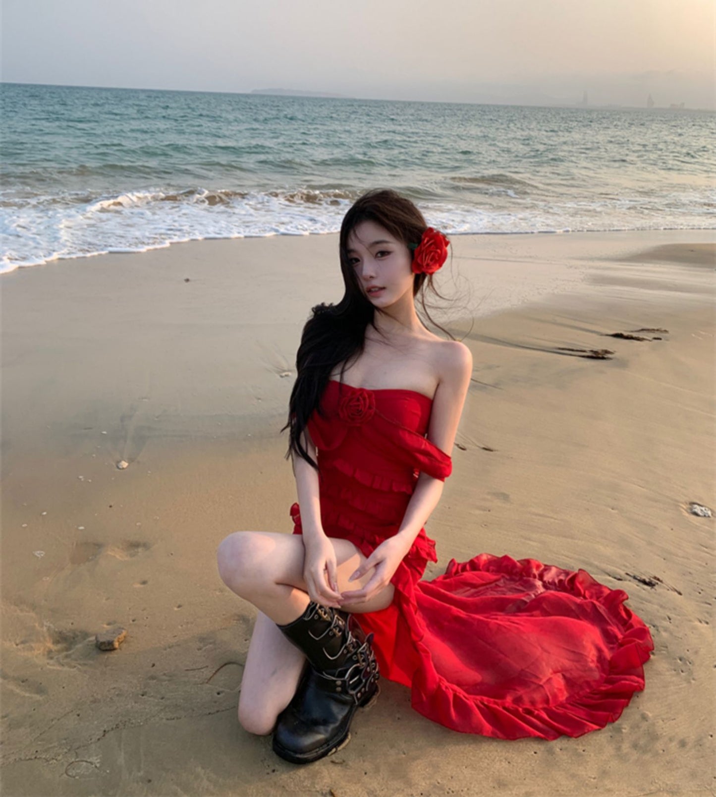 Graceful Strapless Ruffles Hi-Lo Hem Red Maxi Dresses Charming 3D Floral Accent Sheath Long Dress AP3523