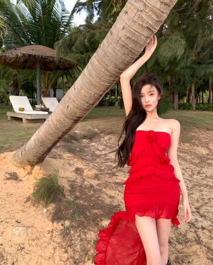 Graceful Strapless Ruffles Hi-Lo Hem Red Maxi Dresses Charming 3D Floral Accent Sheath Long Dress AP3523