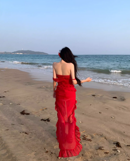 Graceful Strapless Ruffles Hi-Lo Hem Red Maxi Dresses Charming 3D Floral Accent Sheath Long Dress AP3523