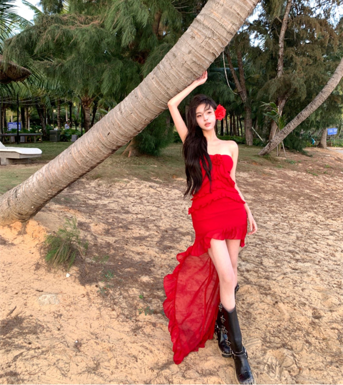 Graceful Strapless Ruffles Hi-Lo Hem Red Maxi Dresses Charming 3D Floral Accent Sheath Long Dress AP3523