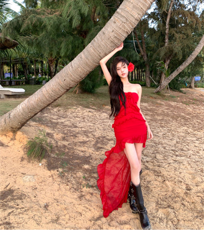 Graceful Strapless Ruffles Hi-Lo Hem Red Maxi Dresses Charming 3D Floral Accent Sheath Long Dress AP3523