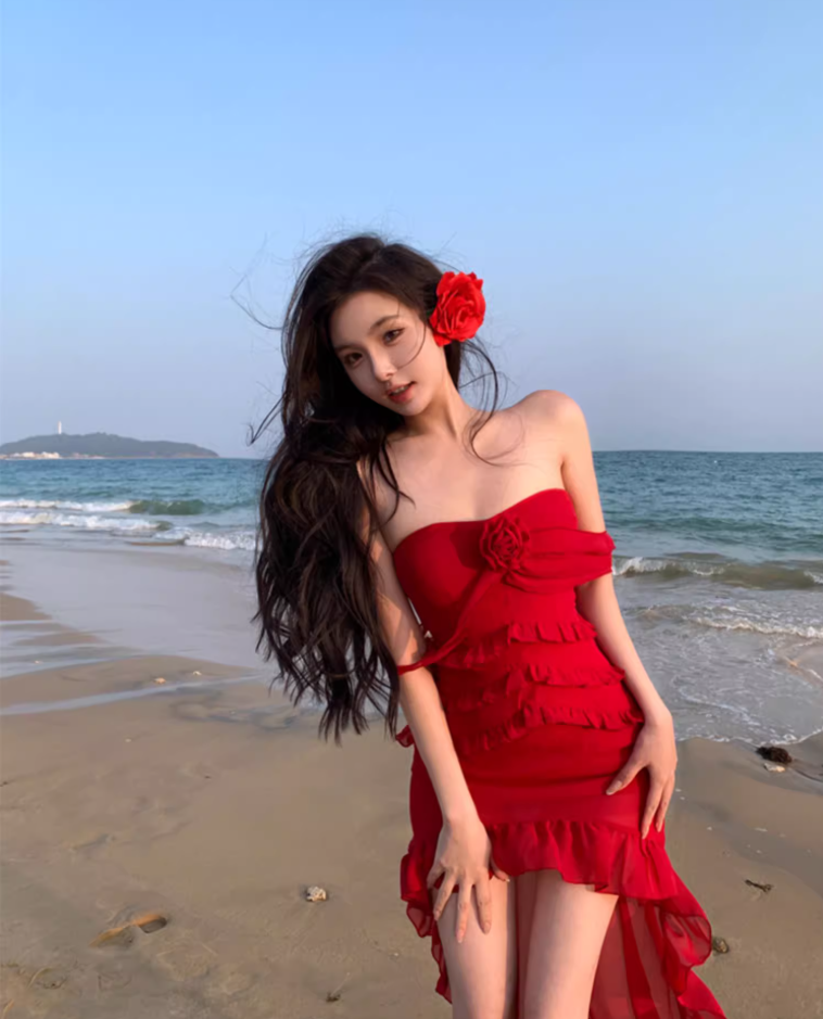 Graceful Strapless Ruffles Hi-Lo Hem Red Maxi Dresses Charming 3D Floral Accent Sheath Long Dress AP3523