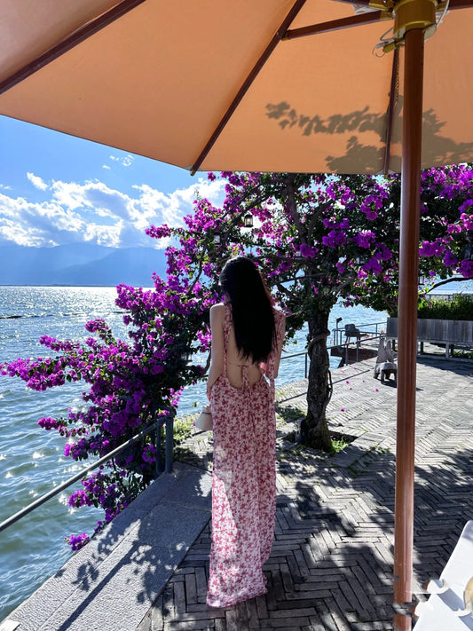 Luxury Sheath Bikini Cover-Up Floral Maxi Dresses Hot Girls Sweetheart Neck Backless High-Slit Long Dress AP3524