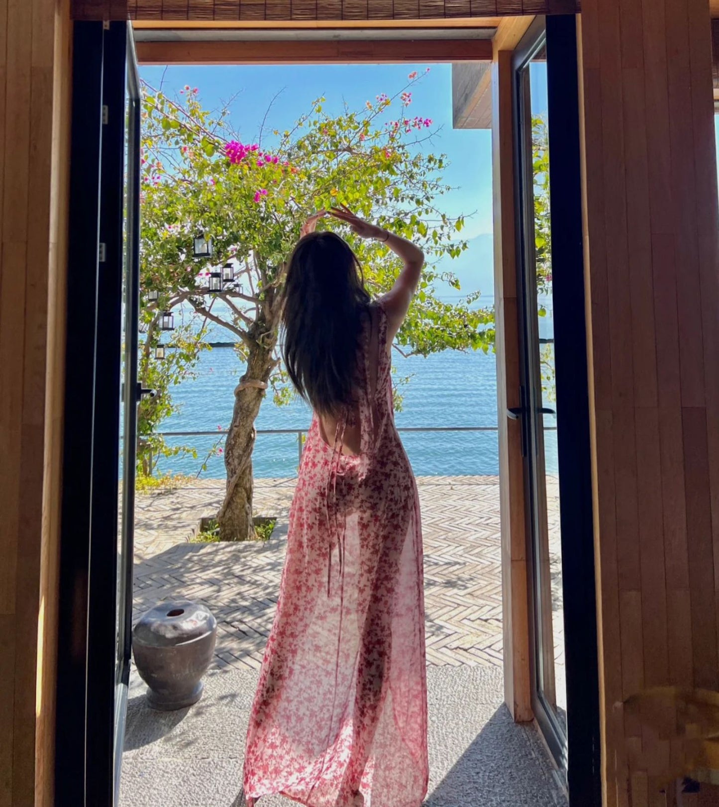 Luxury Sheath Bikini Cover-Up Floral Maxi Dresses Hot Girls Sweetheart Neck Backless High-Slit Long Dress AP3524