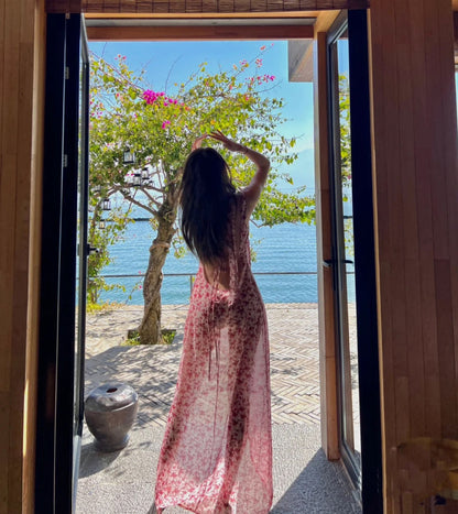 Luxury Sheath Bikini Cover-Up Floral Maxi Dresses Hot Girls Sweetheart Neck Backless High-Slit Long Dress AP3524