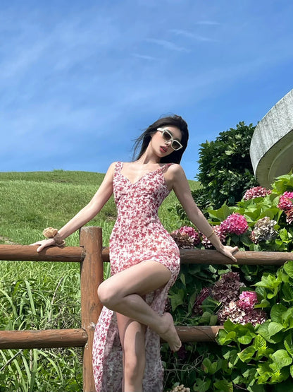 Luxury Sheath Bikini Cover-Up Floral Maxi Dresses Hot Girls Sweetheart Neck Backless High-Slit Long Dress AP3524