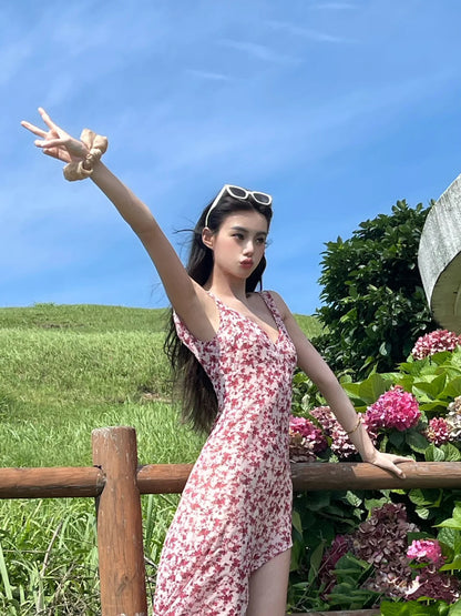 Luxury Sheath Bikini Cover-Up Floral Maxi Dresses Hot Girls Sweetheart Neck Backless High-Slit Long Dress AP3524