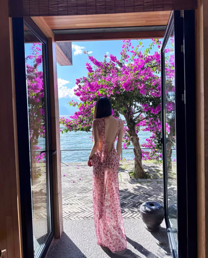 Luxury Sheath Bikini Cover-Up Floral Maxi Dresses Hot Girls Sweetheart Neck Backless High-Slit Long Dress AP3524