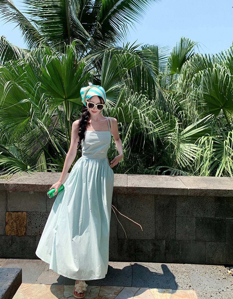 Chic A-Line Spaghetti Straps Simple Maxi Dress With Pocket Vibrant Crisscross Back Everyday Wear Long Dress AP3526