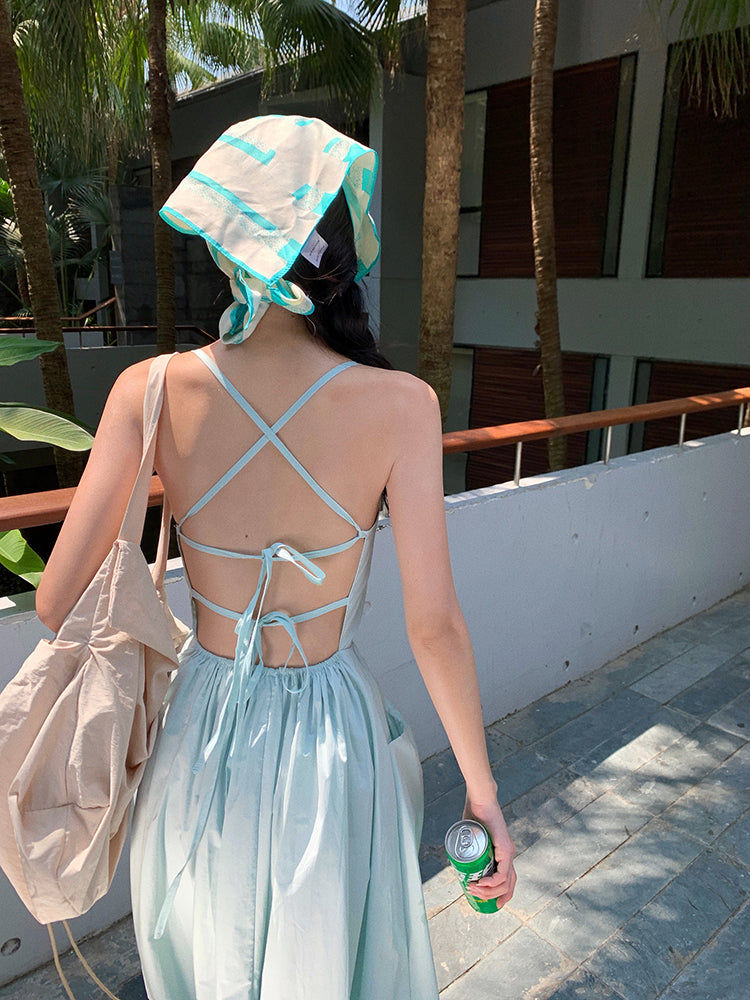 Chic A-Line Spaghetti Straps Simple Maxi Dress With Pocket Vibrant Crisscross Back Everyday Wear Long Dress AP3526