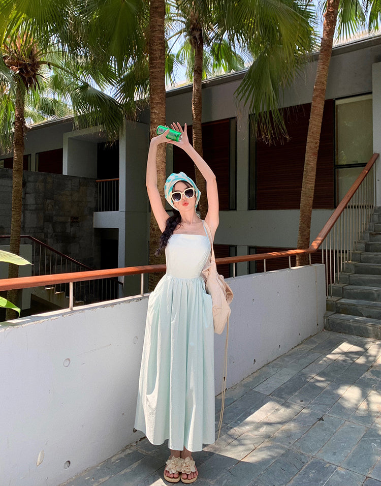 Chic A-Line Spaghetti Straps Simple Maxi Dress With Pocket Vibrant Crisscross Back Everyday Wear Long Dress AP3526