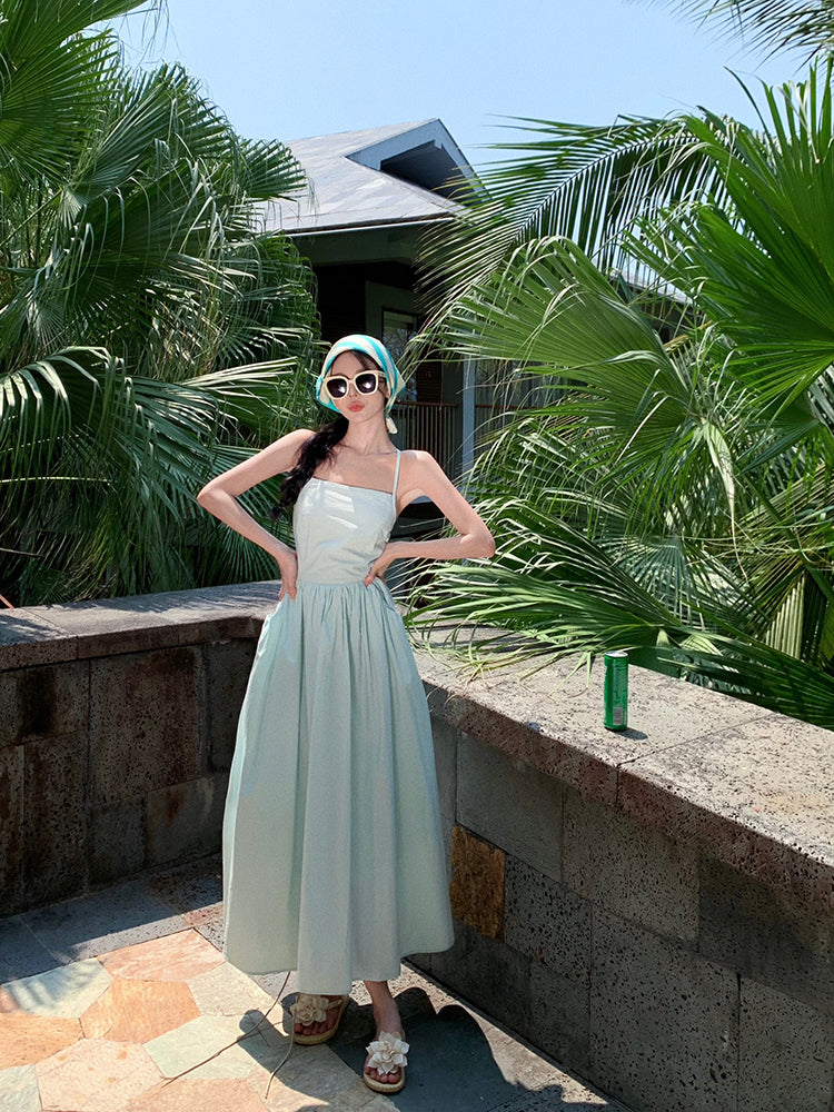 Chic A-Line Spaghetti Straps Simple Maxi Dress With Pocket Vibrant Crisscross Back Everyday Wear Long Dress AP3526