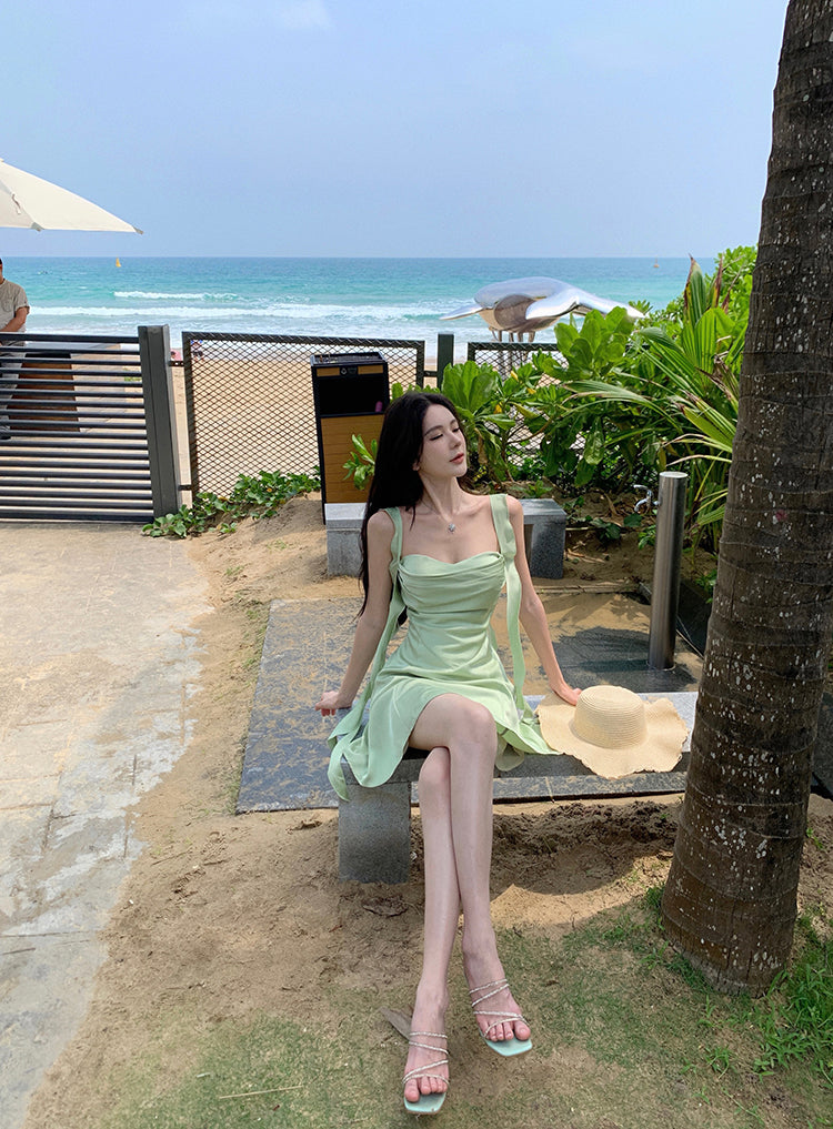 Fabulous Spaghetti Strap A-Line Ruffles Trim Mini Dress Fashion Green Satin Partied Outfit Short Dress AP3527