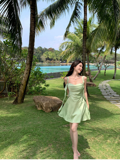Fabulous Spaghetti Strap A-Line Ruffles Trim Mini Dress Fashion Green Satin Partied Outfit Short Dress AP3527