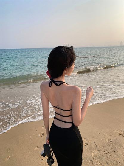 Ornate Sheath Backless Black Maxi Dress Sexy Tie-Back Evening Outfit Halter Long Dress AP3528