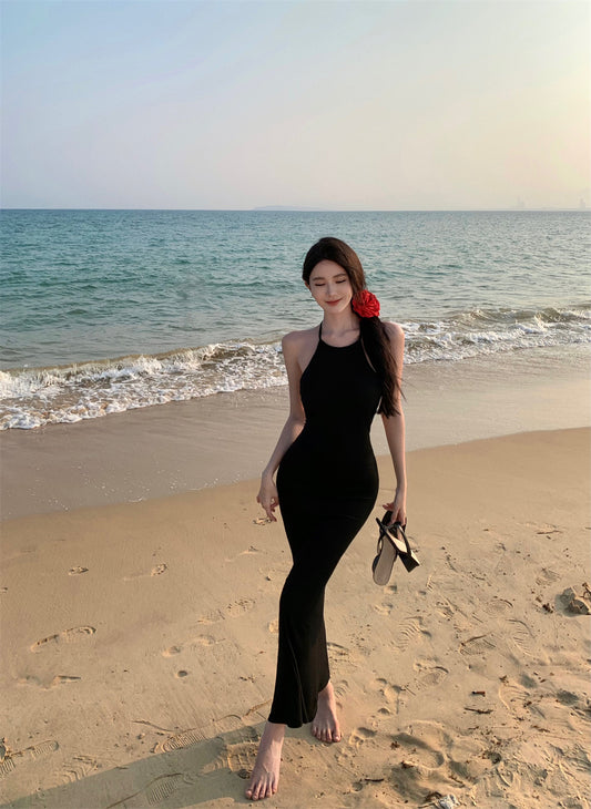 Ornate Sheath Backless Black Maxi Dress Sexy Tie-Back Evening Outfit Halter Long Dress AP3528