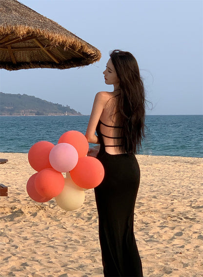 Ornate Sheath Backless Black Maxi Dress Sexy Tie-Back Evening Outfit Halter Long Dress AP3528