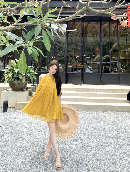 Romantic A-Line Tie-Back Loose Fit Maxi Dress Cute Backless Yellow Flowy Tulle Halter Short Dress AP3529