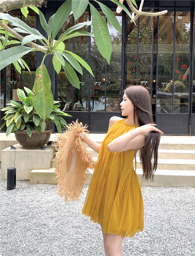 Romantic A-Line Tie-Back Loose Fit Maxi Dress Cute Backless Yellow Flowy Tulle Halter Short Dress AP3529