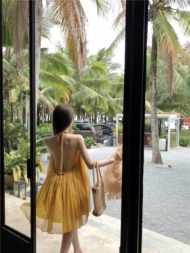 Romantic A-Line Tie-Back Loose Fit Maxi Dress Cute Backless Yellow Flowy Tulle Halter Short Dress AP3529