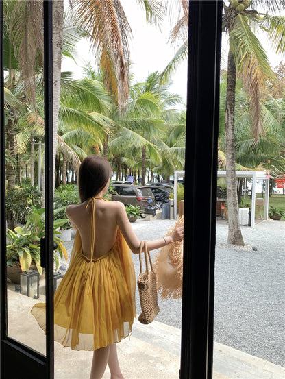 Romantic A-Line Tie-Back Loose Fit Maxi Dress Cute Backless Yellow Flowy Tulle Halter Short Dress AP3529