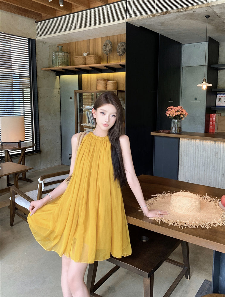 Romantic A-Line Tie-Back Loose Fit Maxi Dress Cute Backless Yellow Flowy Tulle Halter Short Dress AP3529