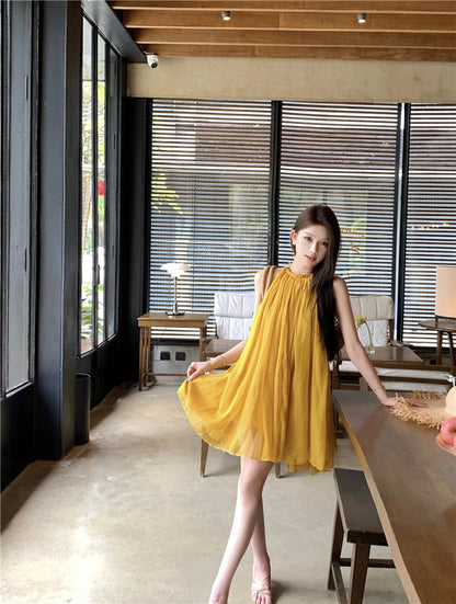 Romantic A-Line Tie-Back Loose Fit Maxi Dress Cute Backless Yellow Flowy Tulle Halter Short Dress AP3529