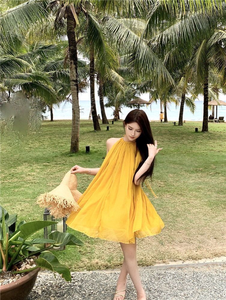 Romantic A-Line Tie-Back Loose Fit Maxi Dress Cute Backless Yellow Flowy Tulle Halter Short Dress AP3529