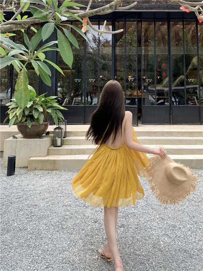 Romantic A-Line Tie-Back Loose Fit Maxi Dress Cute Backless Yellow Flowy Tulle Halter Short Dress AP3529