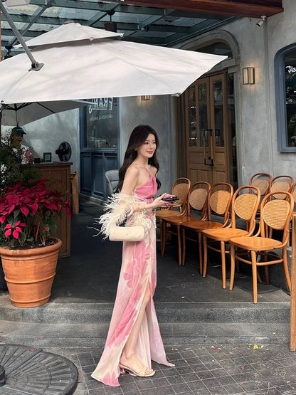 Enticing A-Line Floral Print Maxi Dress Hot Girls OOTD High-Slit Cinched-Waist Halter Long Dress AP3530