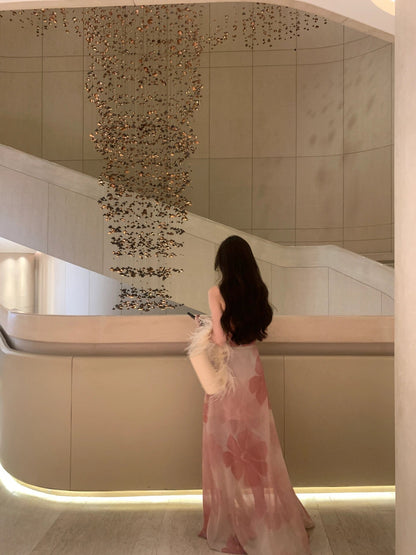 Enticing A-Line Floral Print Maxi Dress Hot Girls OOTD High-Slit Cinched-Waist Halter Long Dress AP3530