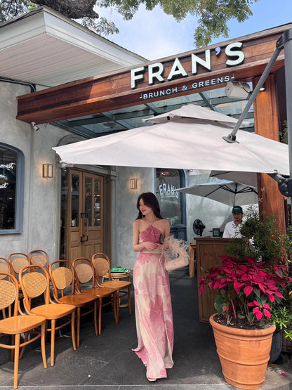 Enticing A-Line Floral Print Maxi Dress Hot Girls OOTD High-Slit Cinched-Waist Halter Long Dress AP3530