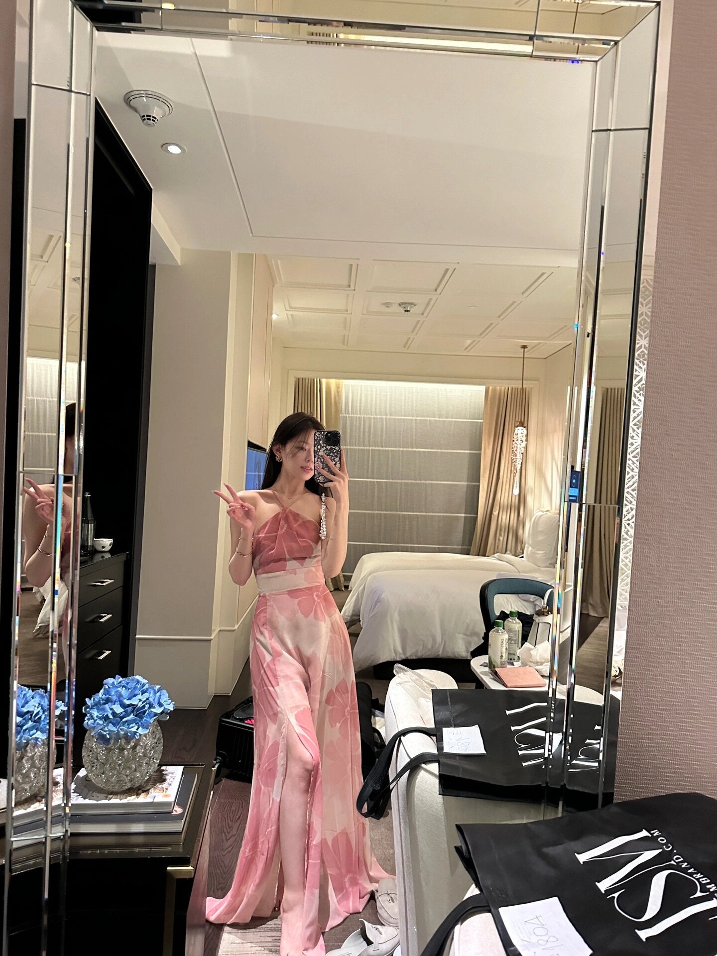 Enticing A-Line Floral Print Maxi Dress Hot Girls OOTD High-Slit Cinched-Waist Halter Long Dress AP3530