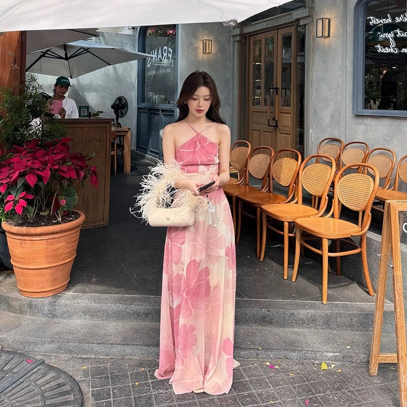 Enticing A-Line Floral Print Maxi Dress Hot Girls OOTD High-Slit Cinched-Waist Halter Long Dress AP3530