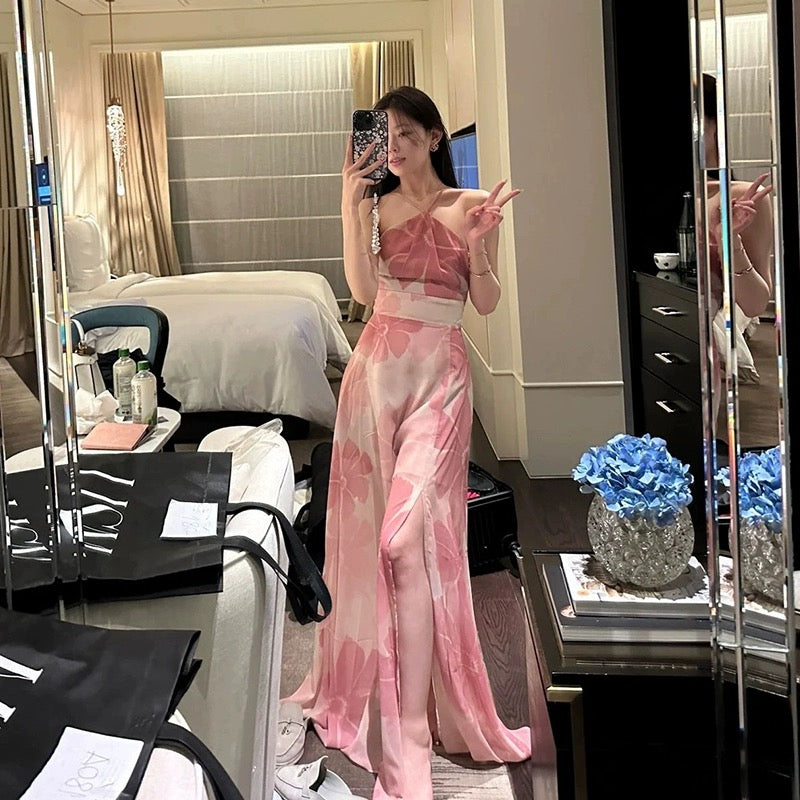 Enticing A-Line Floral Print Maxi Dress Hot Girls OOTD High-Slit Cinched-Waist Halter Long Dress AP3530