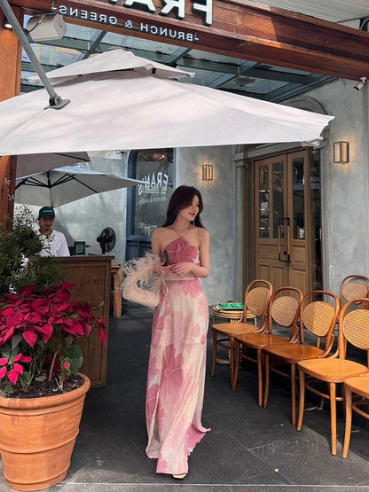 Enticing A-Line Floral Print Maxi Dress Hot Girls OOTD High-Slit Cinched-Waist Halter Long Dress AP3530