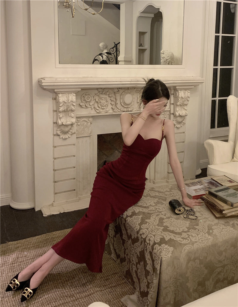 Splendid Mermaid Red Maxi Dress Minimalism Evening Outfit Spaghetti Strap Long Dress AP3531