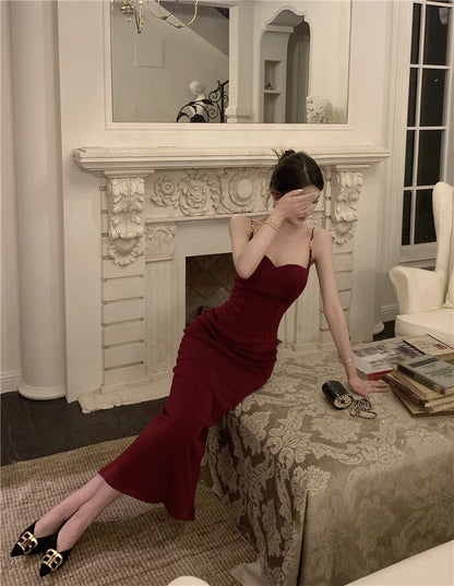 Splendid Mermaid Red Maxi Dress Minimalism Evening Outfit Spaghetti Strap Long Dress AP3531